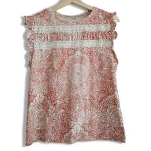 ZARA Floral Mandala Tank Top Lace Inserts Ruffle Detail Crewneck Sz S